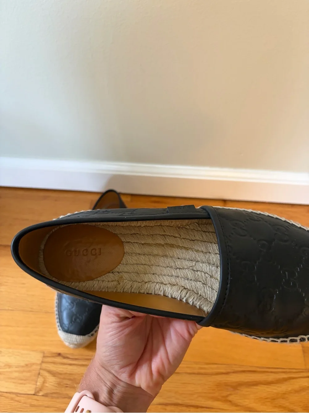 Gucci Black Leather Espadrille Slip On Microguccisima leather women size 38 flat